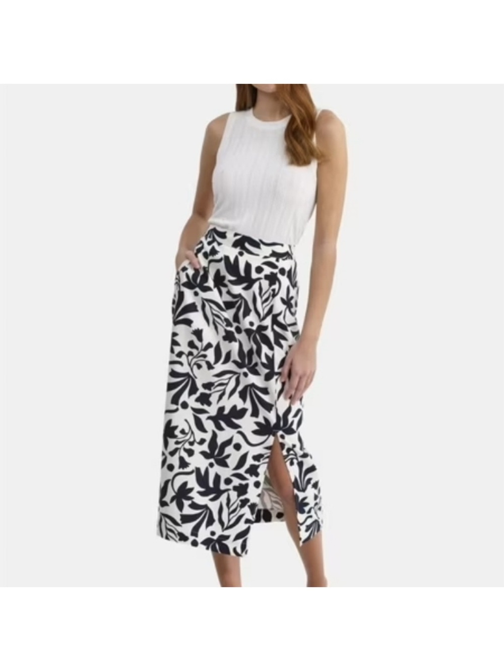 Navy & White Floral Midi Skirt with Side Slit